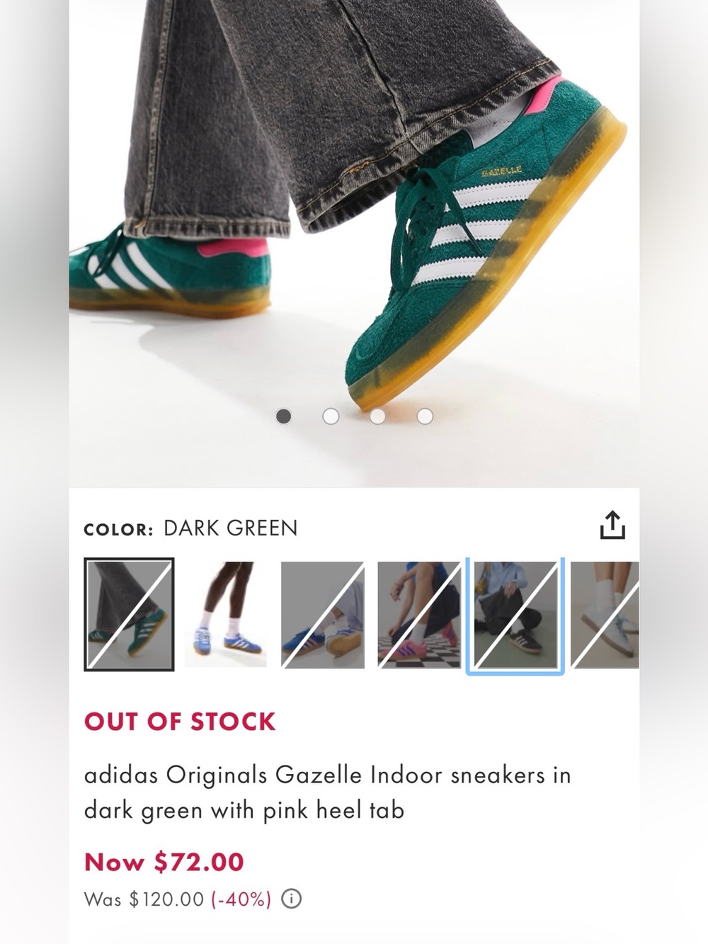 Adidas Originals Gazelle Green Suede Sneakers with White Stripes and Pink Heel - Picture 6 of 6